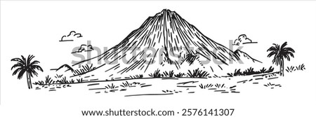volcanic mountain with palm trees in black and white hand-drawn style