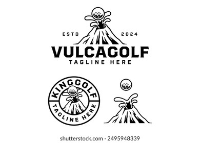 volcanic mountain spewing lava and golf ball badge logo design for golfer and tournament.  golf club professional with volcano, lava and ball sign symbol modern logo. 