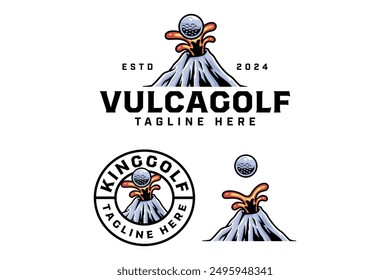 Volcanic Mountain Spewing Lava und Golf Ball Abzeichen Logo Design für Golfer und Turnier. Golf Club Professional mit Vulkan, Lava und Ball Zeichen Symbol Modernes Logo. 