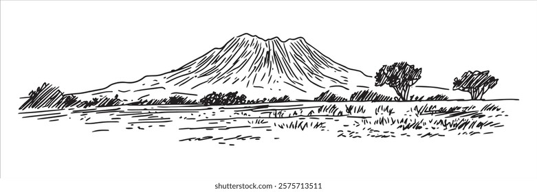 volcanic mountain with trees and open plains hand-drawn sketch doodle