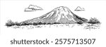 volcanic mountain with vegetation and clouds hand-drawn sketch doodle