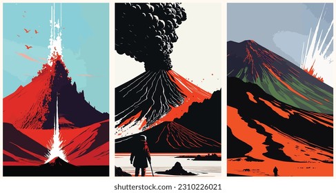 Volcanic Nature Eruption Of Magma Mountain Volcano Crater Hot Natural Disaster And Explosion set collection of abstract vector illustration