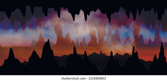 Volcanic underground cave with hot lava, rocks, stalactites and stalagmites silhouette vector illustration. The magma cavern inside the realistic smoke clouds hand drawn scenery background.
