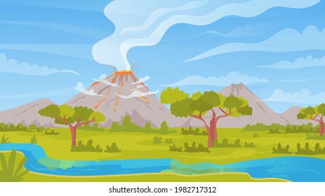 Volcano active eruption tropical nature landscape vector illustration. Cartoon mountain scenery natural disaster with lava fountain, volcanic hot ash clouds, fire and smoke background