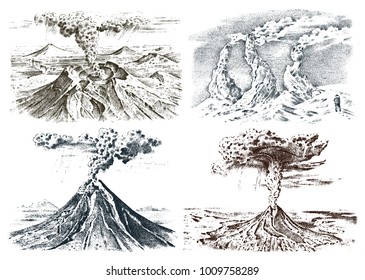 volcano activity with magma, smoke before the eruption and lava or nature disaster. for travel, adventure. mountain landscapes. engraved hand drawn in old sketch, vintage style.