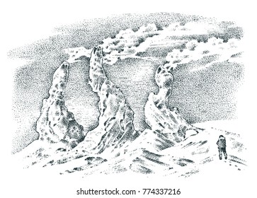 volcano activity with magma, smoke before the eruption and lava or nature disaster. for travel, adventure. mountain landscapes. engraved hand drawn in old sketch, vintage style.
