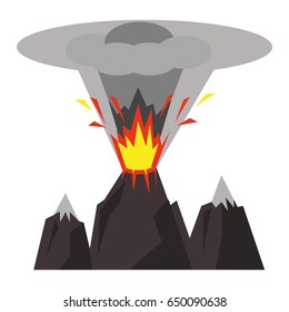 The volcano among the mountains erupts lava