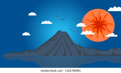 Volcano in the background of clouds and sunset. Cartoon style. Vector Illustration.