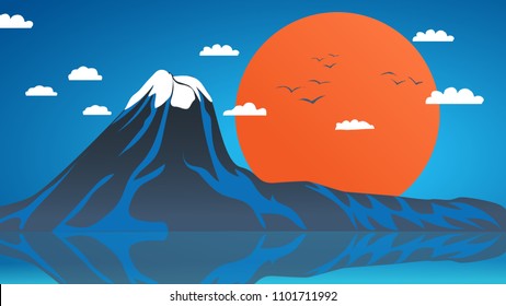 Volcano in the background of clouds and sunset. Vector Illustration.