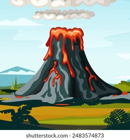 volcano. background outdoor hills active volcano cartoon landscape