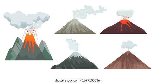 volcano. big mountains hills and rocks with nature force volcano flame magma and lava. travellers danger climbing expedition vector symbols