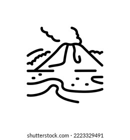 Volcano black line icon. Nature landscape. Pictogram for web page.
