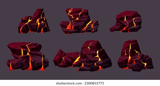 Volcano boulder texture with lava in cracks and broken stones. Volcanic rocks with light effect in fissures and surface breaks with hot magma, vector cartoon illustration