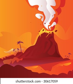 Volcano with burning lava. Vector Illustration of volcano eruption.