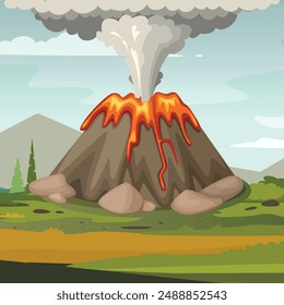 volcano. cartoon background illustration with active volcano explode lava