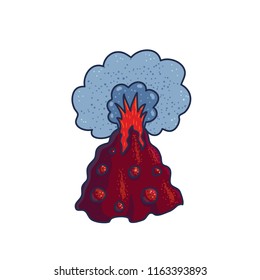 Volcano cartoon symbol. Danger tourism concept. Lava erupting mountine. Children book vector illustration. Earth catastrophe cartoon doodle icon