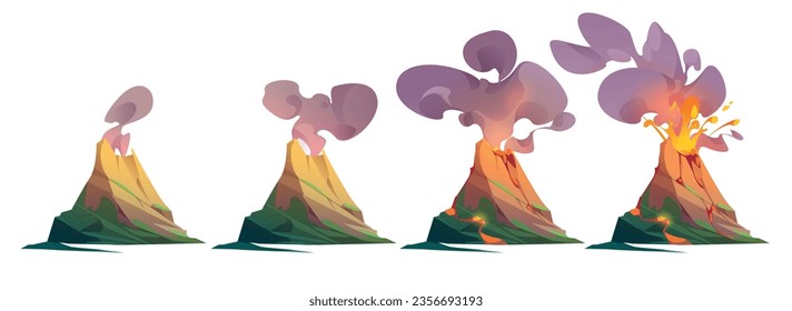 Volcano cartoon vector animation with lava, smoke. Magma crater and mountain island isolated landscape illustration. videogame app sprite sheet of volcanic eruption and exploding infographic clipart