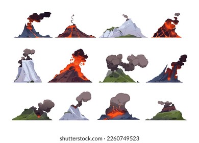 Volcano collection. Rock exploding with magma, smoke and ashes, volcanic mountains crater explosion with lava and dust, geothermal eruption. Vector set of mountain rock lava exploding illustration