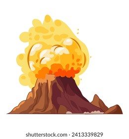 Volcano of colorful set. This cartoon volcano awakens in a burst of color and humor, accompanied by a mischievous cloud of smoke. Vector illustration.