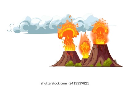 Volcano of colorful set. This image showcase the magic of this cartoon volcanoes, where a fantastical cloud of smoke adds to the enchantment. Vector illustration.