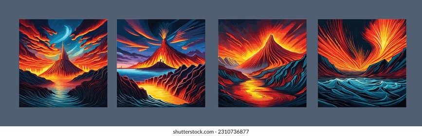 Volcano crater eruption with red-hot glowing magma, active volcanic explosion with lava, splashes, rocks, flashes, lightning, smoke and dust. Vector digital illustration.
