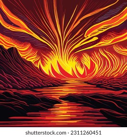 Volcano crater eruption with red-hot glowing magma, active volcanic explosion with lava, splashes, rocks, flashes, lightning, smoke and dust. Vector digital illustration.