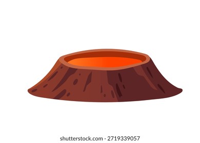 Vulkankrater mit orangefarbener Lava im Inneren, flacher brauner Berg und heißer Magmaoberfläche, professioneller flacher Cartoon-Stil, einzeln auf weißem Hintergrund, Naturgeologie. Vektorgrafik.