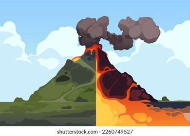 Volcano cross section. Volcanic mountain eruption cross-section scheme, earth crust structure with magma chamber, gases and crater lava. Vector infographic of volcano eruption and magma illustration