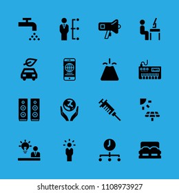volcano, double bed, syringe, piano, tap, solar panel, manager, smartphone and time vector icon. Simple icons set