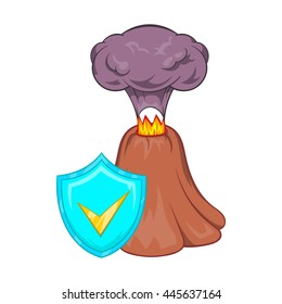 Volcano erruption and sky blue shield with tick icon in cartoon style on a white background