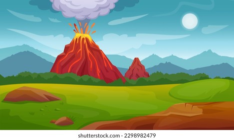 Volcano erupt. Mountains with lava and magma eruption. Natural disaster. Volcanic fire and clouds. Active burn with ash and smoke. Dangerous earthquake. Vector tidy cartoon landscape