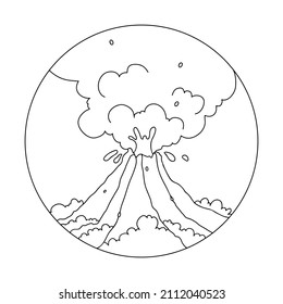 Volcano erupting. Cartoon Style Contour Vector Illustration volcano eruption with hot lava and smoke. For Coloring book