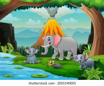 Volcano erupting with elephant by the river