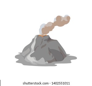 Volcano erupting and emitting vapor, dust cloud and magma isolated on white background. Volcanic eruption and seismic activity. Natural disaster. Colorful vector illustration in flat cartoon style.