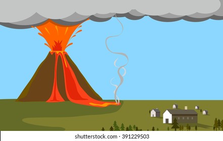 Volcano erupting exploded near a village vector illustration