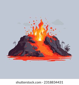 volcano erupting fiery watercolor detailed illustration