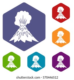 Volcano erupting icons set rhombus in different colors isolated on white background