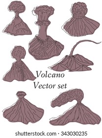 Volcano erupting illustration. Volcano Icons Set. Different stages of volcano icon set vector. 