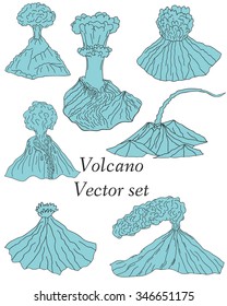 Volcano erupting illustration. Volcano Icons Set. Different stages of volcano icon set vector. 