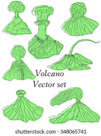 Volcano erupting illustration. Volcano Icons Set. Different stages of volcano icon set vector. 