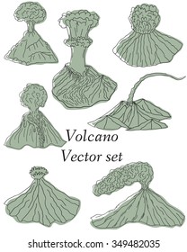 Volcano erupting illustration. Volcano Icons Set. Different stages of volcano icon set vector. 