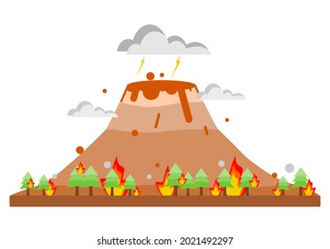 Volcano erupting with lava burn fire trees forest and lightning cloud flat vector.