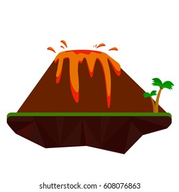 Volcano erupting lava painted in a flat with palm trees