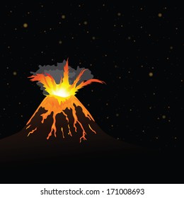 volcano erupting and night sky in background (vector illustration)