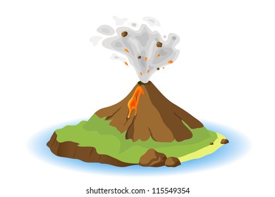 volcano erupting on island, vector illustration