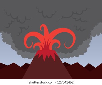 Volcano erupting with red lava and smoke