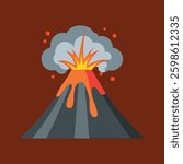 Volcano erupting with smoke and lava, set against brown background
