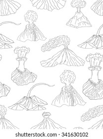 Volcano erupting vector illustration. Volcano seamless pattern. Different stages of volcano ornament  