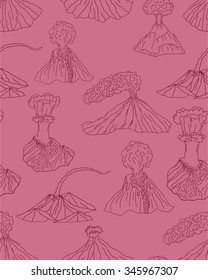 Volcano erupting vector illustration. Volcano seamless pattern. Different stages of volcano ornament  
