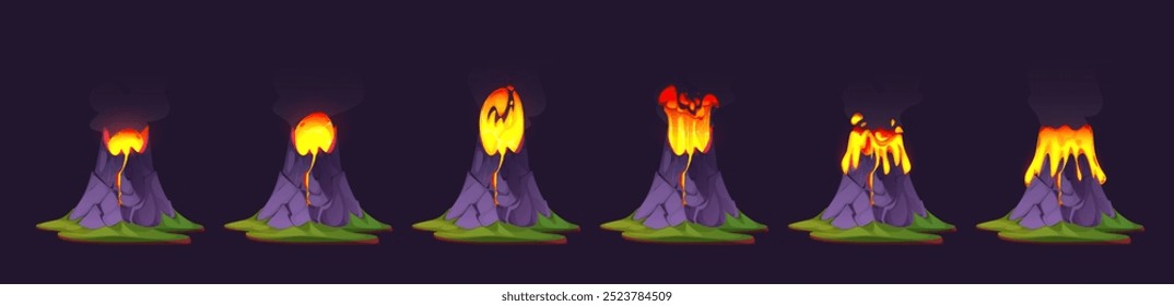 Vulkanausbruch-Animation einzeln auf schwarzem Hintergrund. Vektorkarikatur, Illustration der heißen Lava, die aus dem Berg fließt, Wolke des vulkanischen Rauchs über dem felsigen Krater, Naturkatastrophe, Sprite Sheet